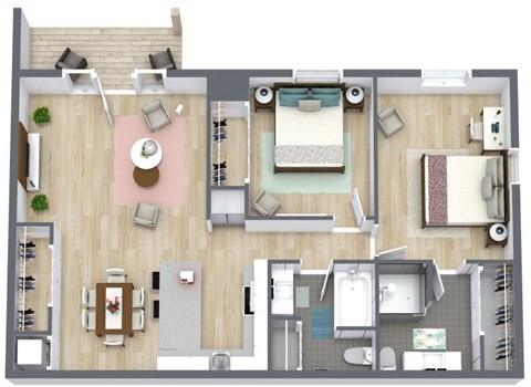 A top-down view of a house layout with a kitchen, living room, and bathroom.